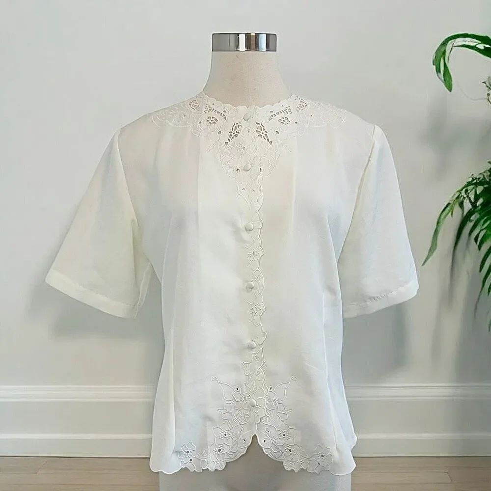 Claudia Richard White Floral Embroidered Cutout Short Sleeve Secretary Blouse 8
